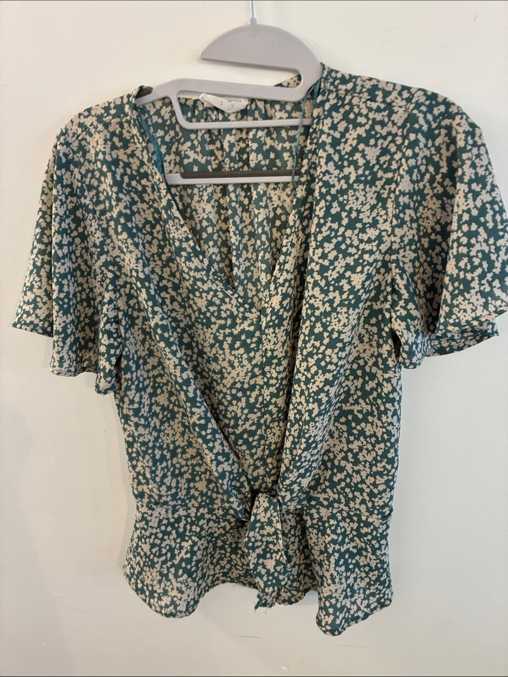 Romantic Sienna Sky Teal Cream Floral Tie-Front Ruffle Ditzy Blouse S Worn 1X